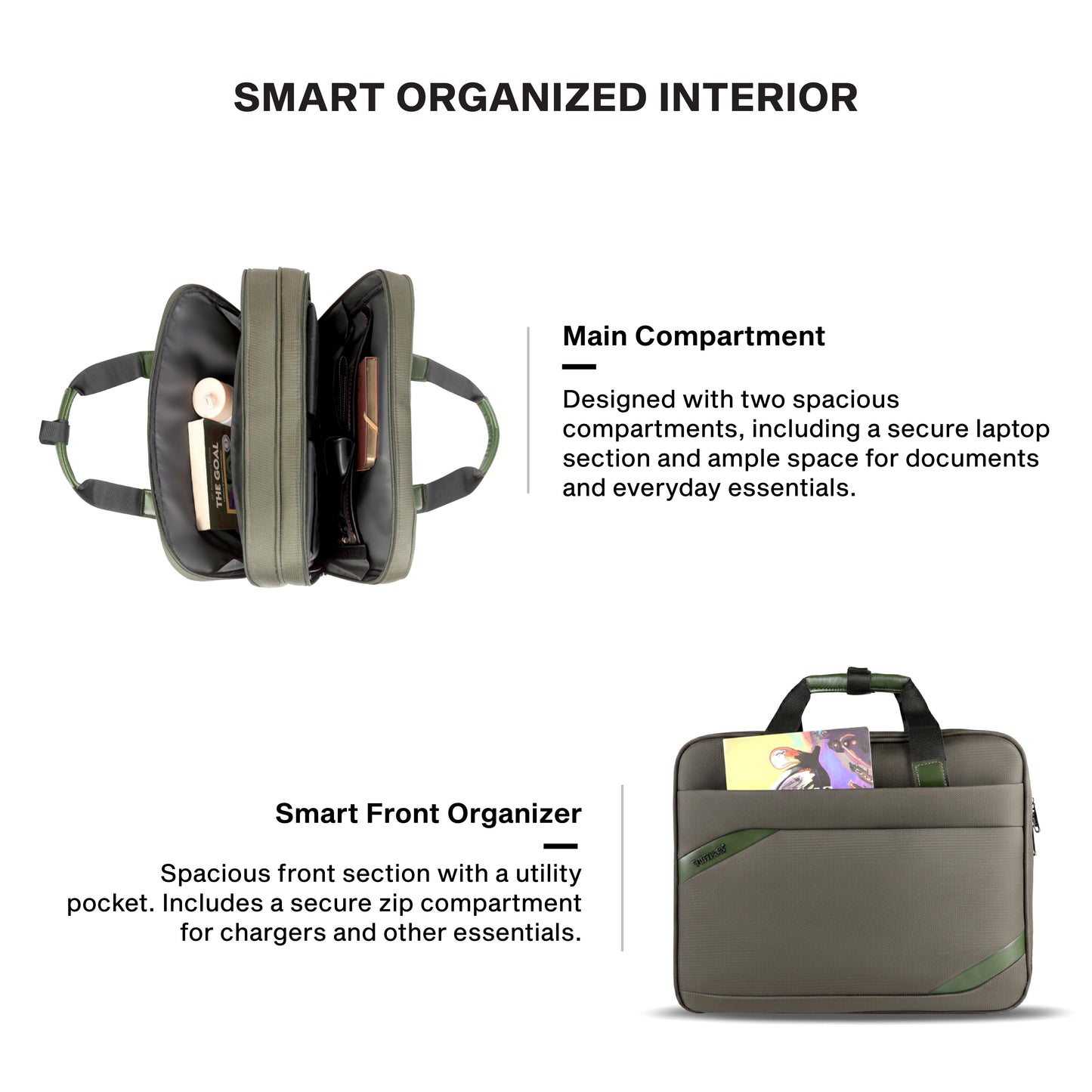 Timus Aero laptop briefcase interior layout – padded laptop compartment with document organizer