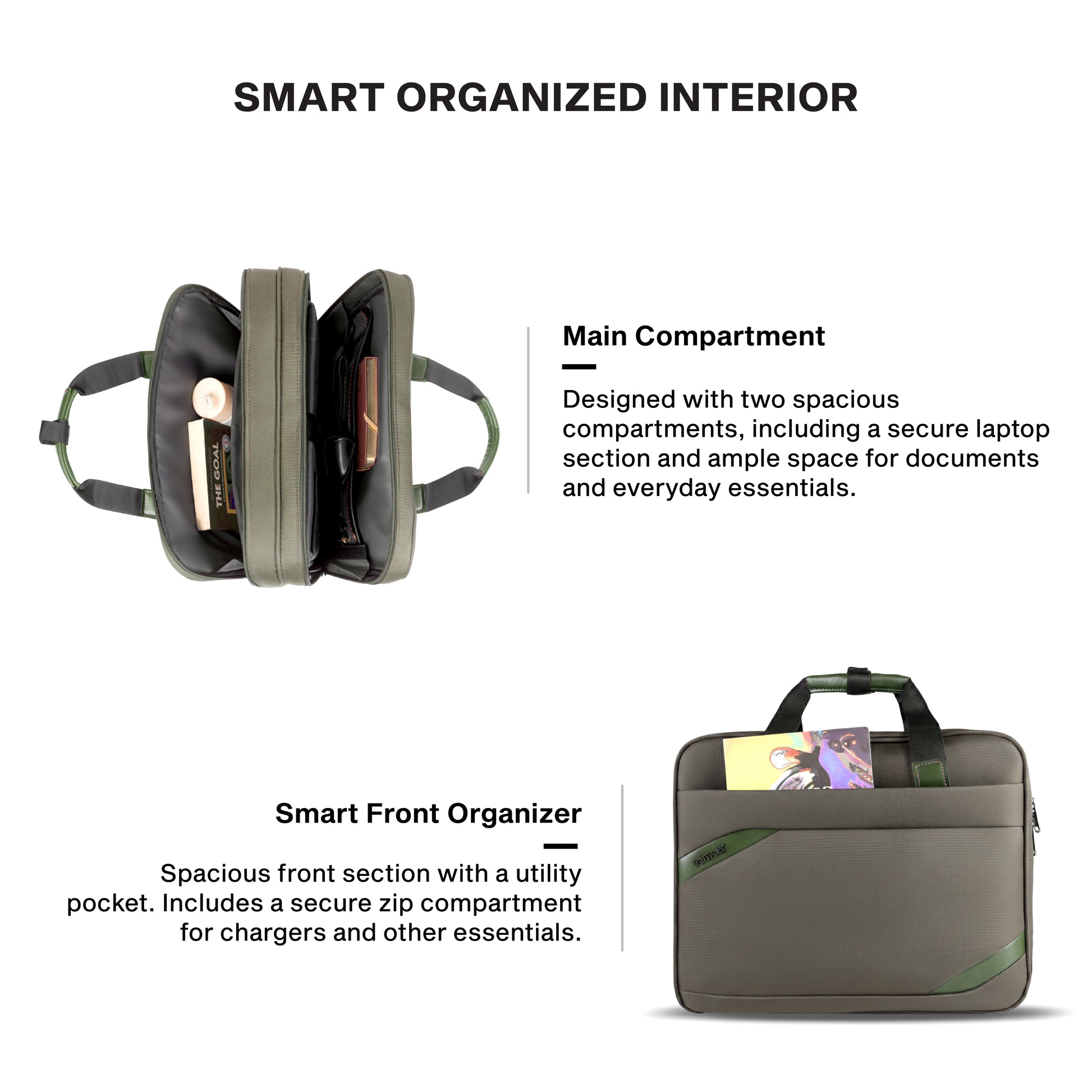Timus Aero laptop briefcase interior layout – padded laptop compartment with document organizer