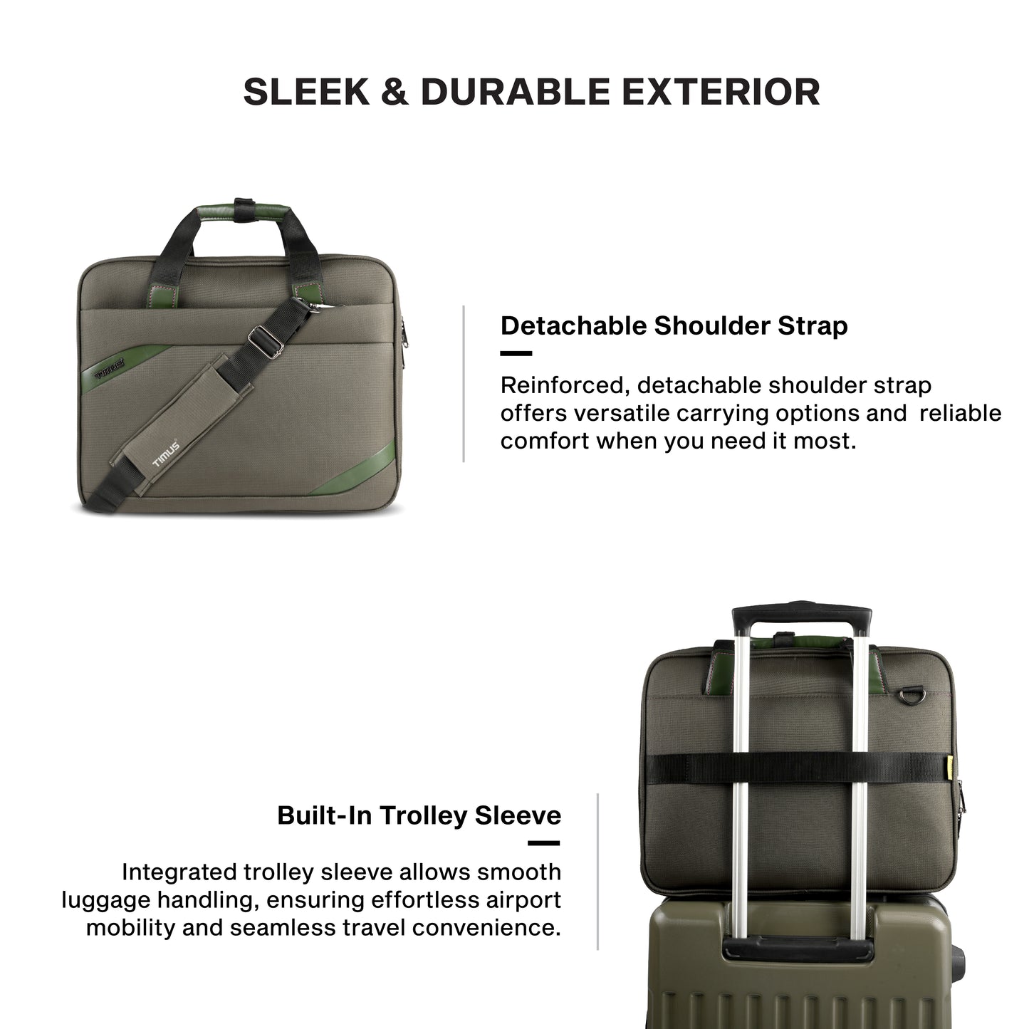 Timus Aero water resistant laptop briefcase features – detachable shoulder strap and sturdy carry handles