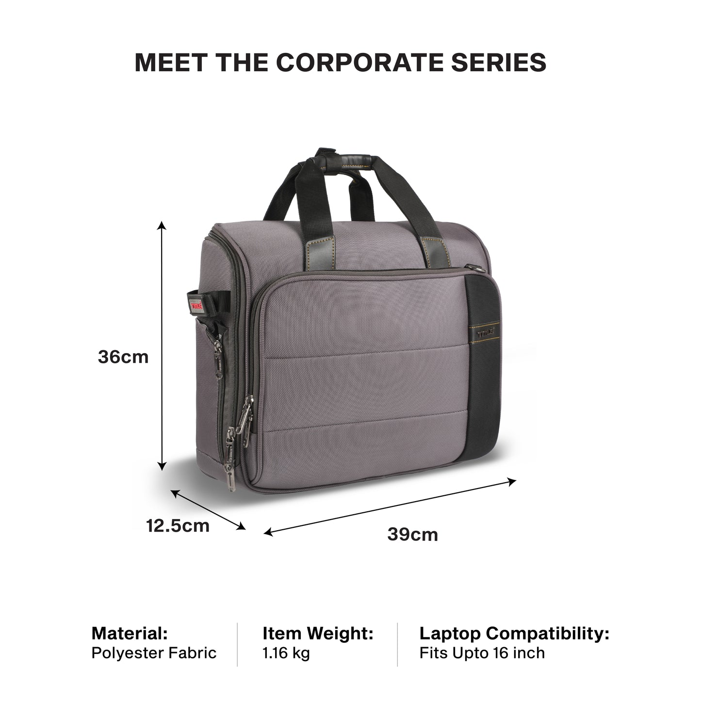 Timus Sync laptop briefcase size details – business laptop bag measurement guide