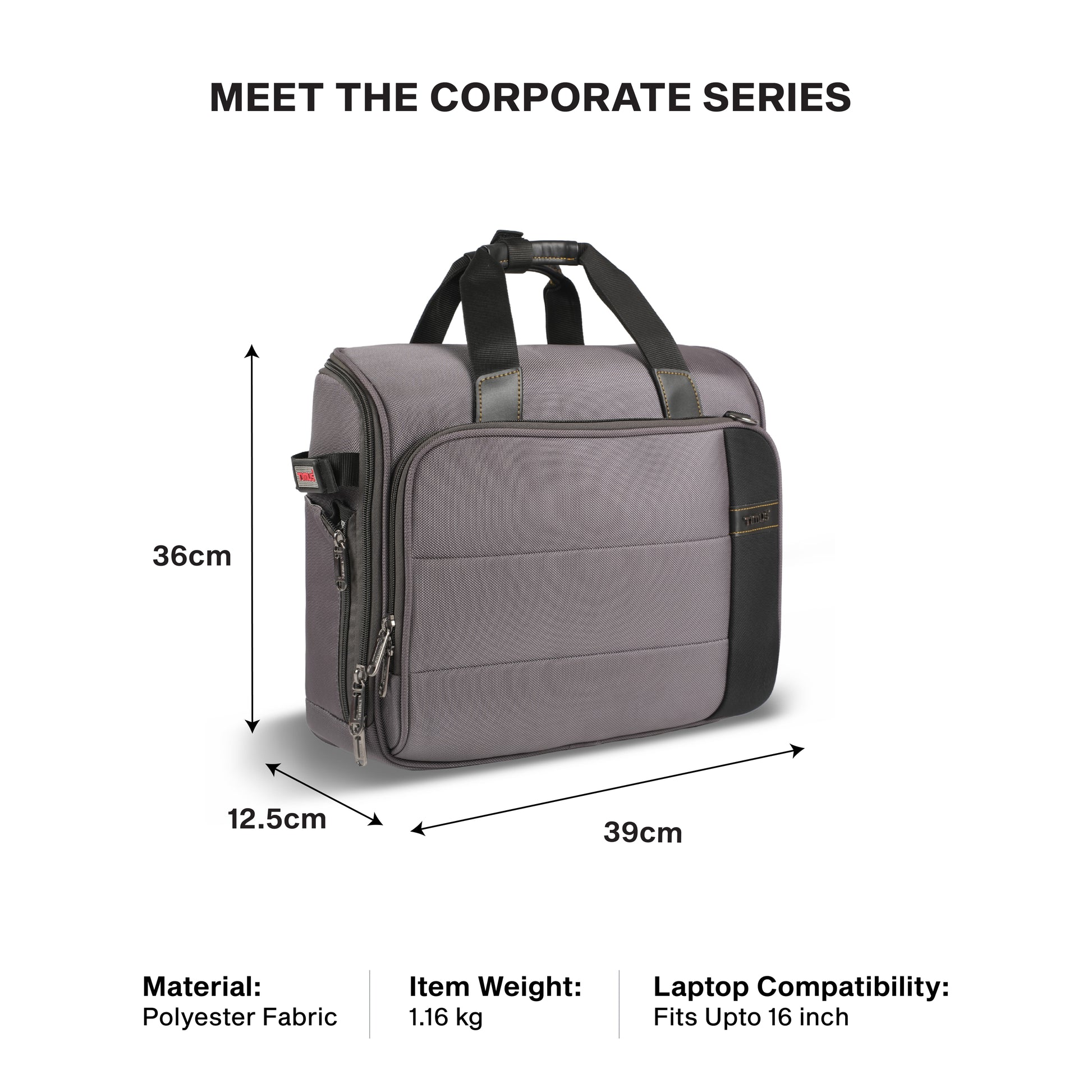 Timus Sync laptop briefcase size details – business laptop bag measurement guide