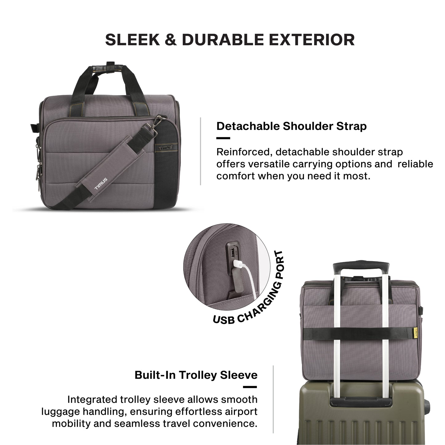 Timus Sync water resistant laptop briefcase features – detachable shoulder strap and sturdy handles