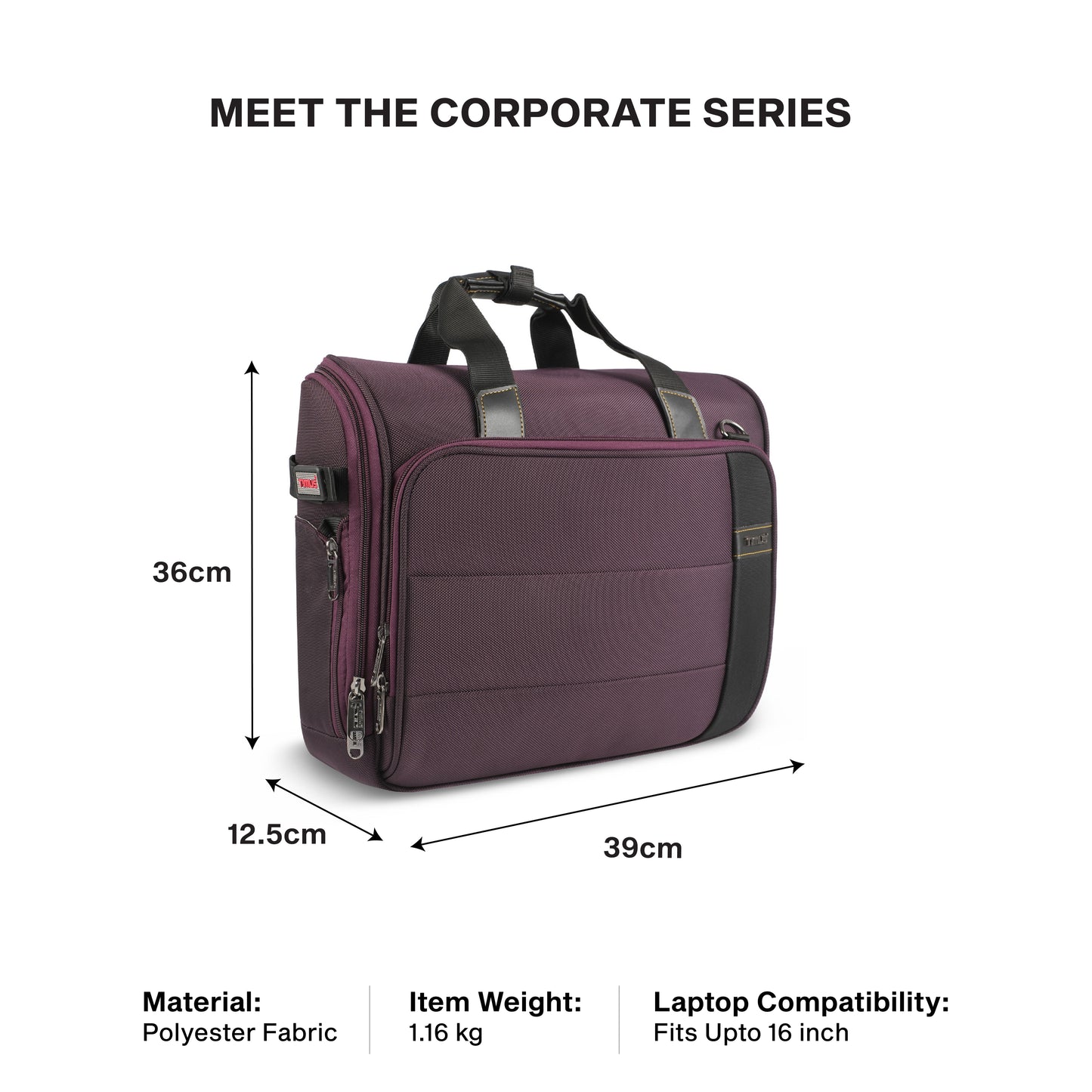 Timus Sync laptop briefcase size details – business laptop bag measurement guide 02