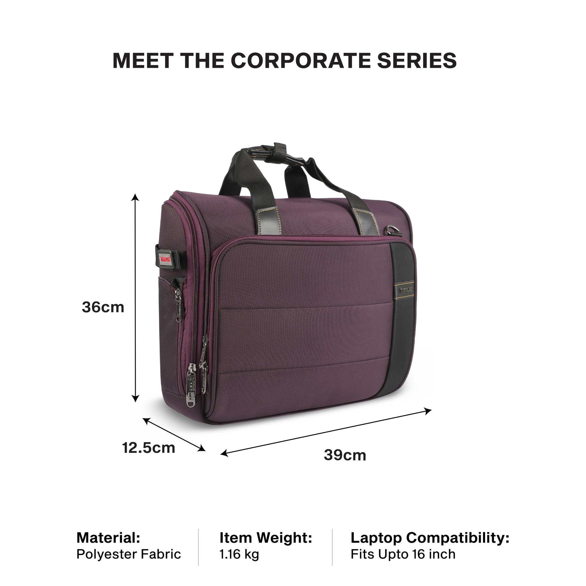 Timus Sync laptop briefcase size details – business laptop bag measurement guide 02