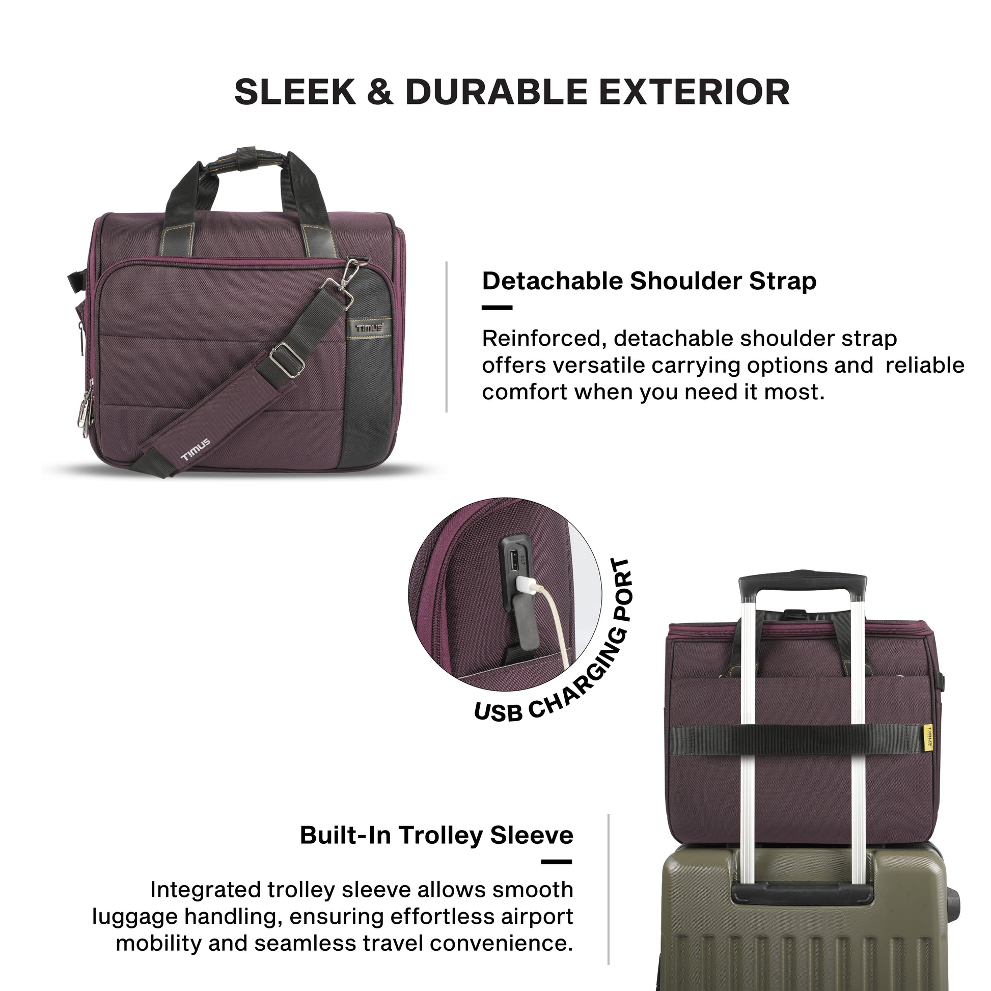 Timus Sync water resistant laptop briefcase features – detachable shoulder strap and sturdy handles 02