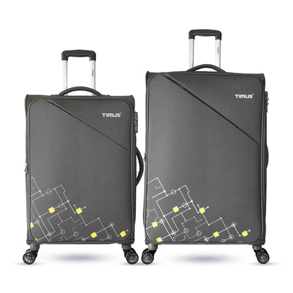 Grey expandable soft luggage set bags with geometric print showing spinner wheels and telescopic trolley handles – 68cm and 78cm