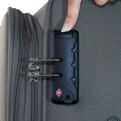 Close-up of the grey Flash Plus luggage showing a secure TSA lock 