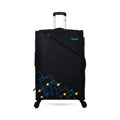 Front view of Flash Plus 78 cm black soft luggage displaying zippered pockets, textured soft shell, and sleek ergonomic handles.