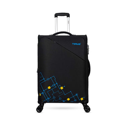 Front view of Flash Plus 68 cm black soft luggage displaying zippered pockets, textured soft shell, and sleek ergonomic handles.