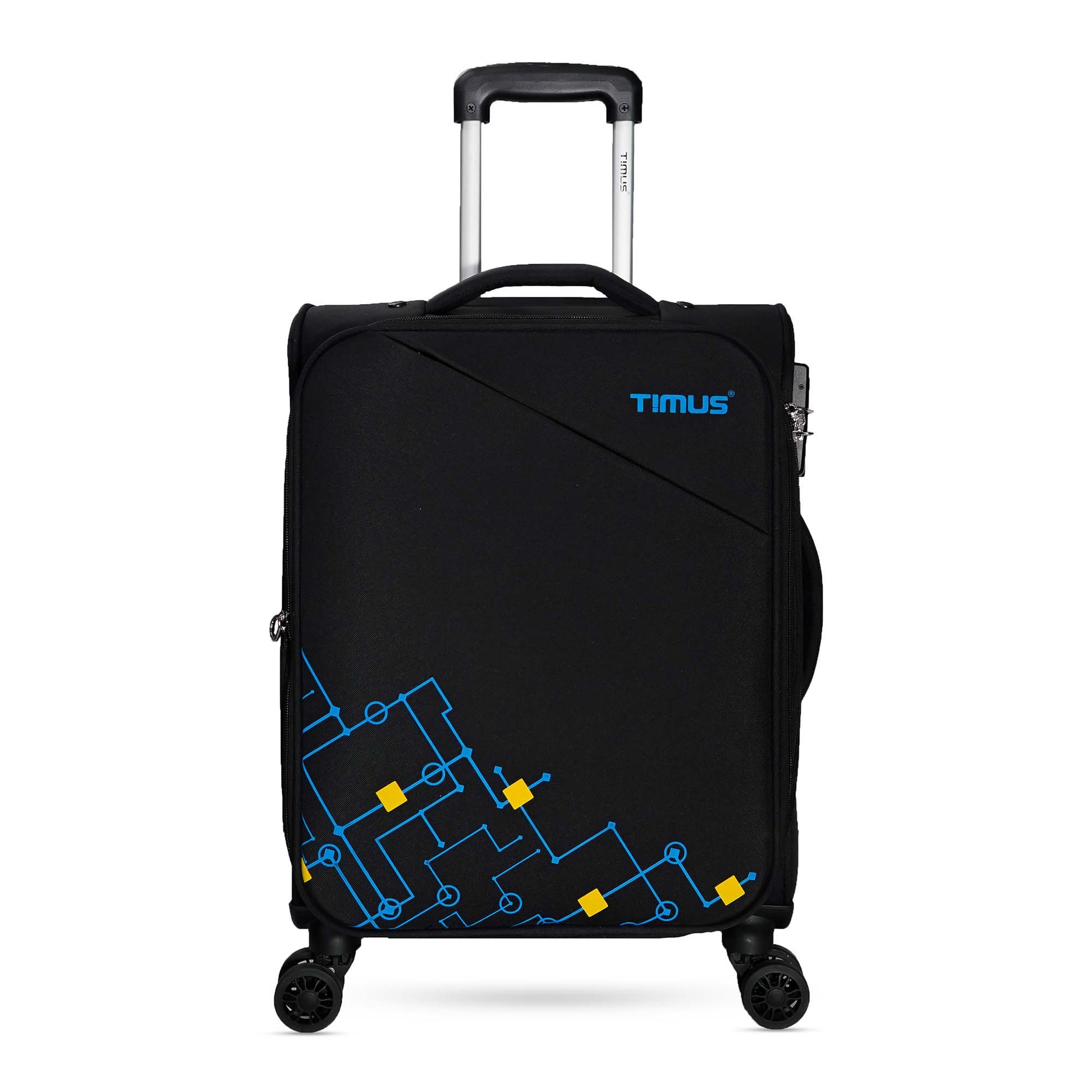 Front view of Flash Plus black soft luggage displaying zippered pockets, textured soft shell, and sleek ergonomic handles.