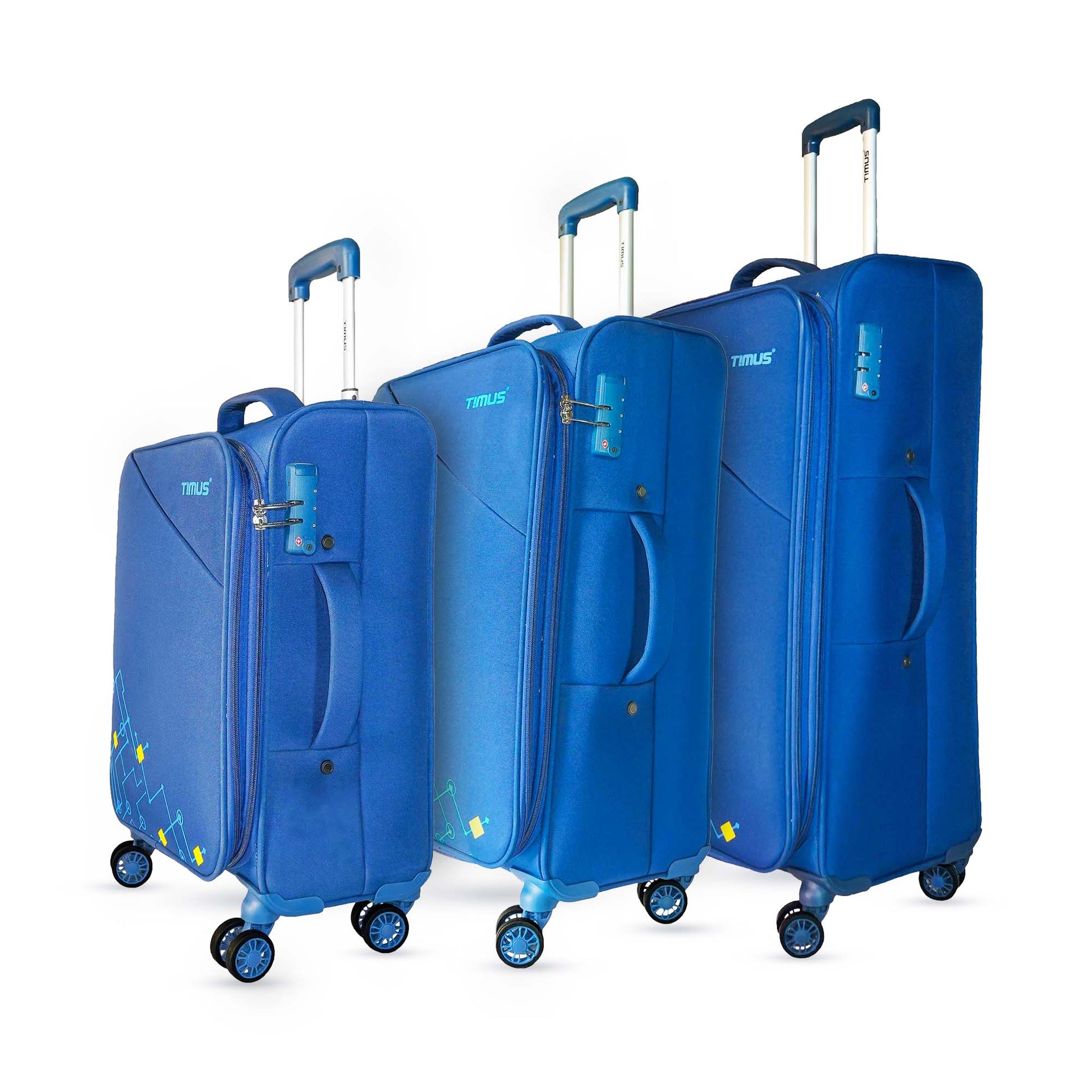 A set of three expandable soft luggage bags in black color with spinner wheels and trolley handles.