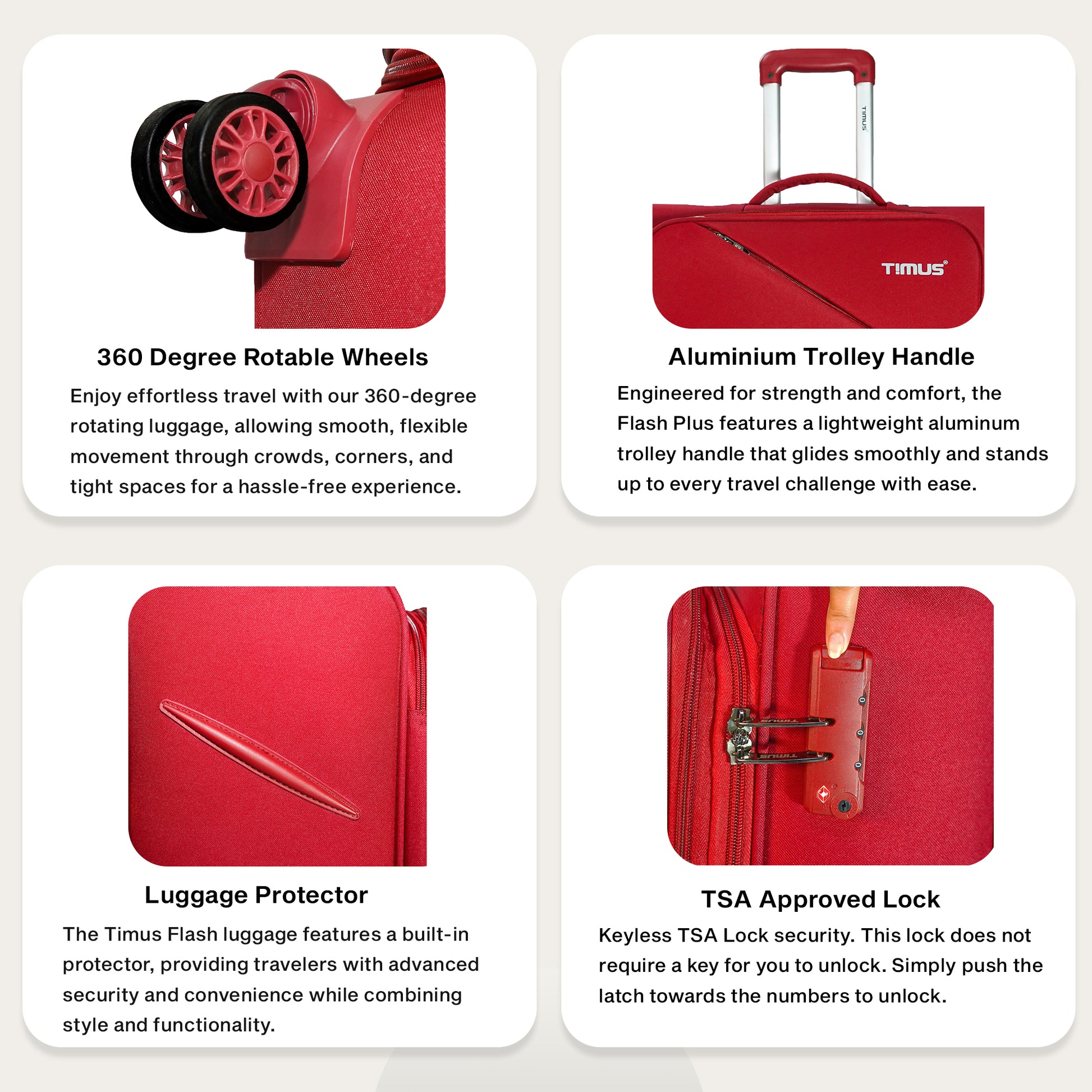 Red suitcase with features highlighted on a white background