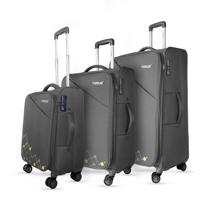 A set of three expandable soft luggage bags in black color with spinner wheels and trolley handles.