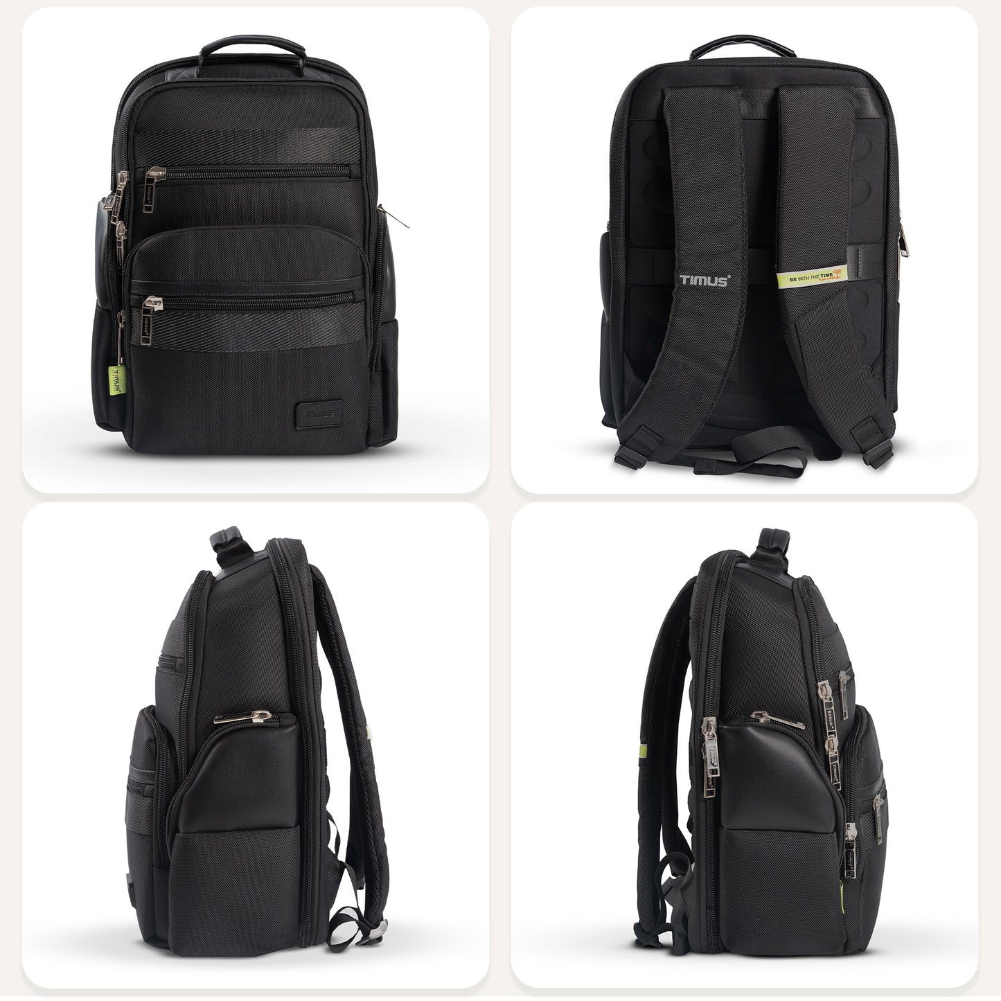Front view Timus Boston Laptop Backpack, Back view with trolley sleeve, Left side view with side pocket, Right side view with side pocket, Top view with leather handle, Bottom view sturdy base