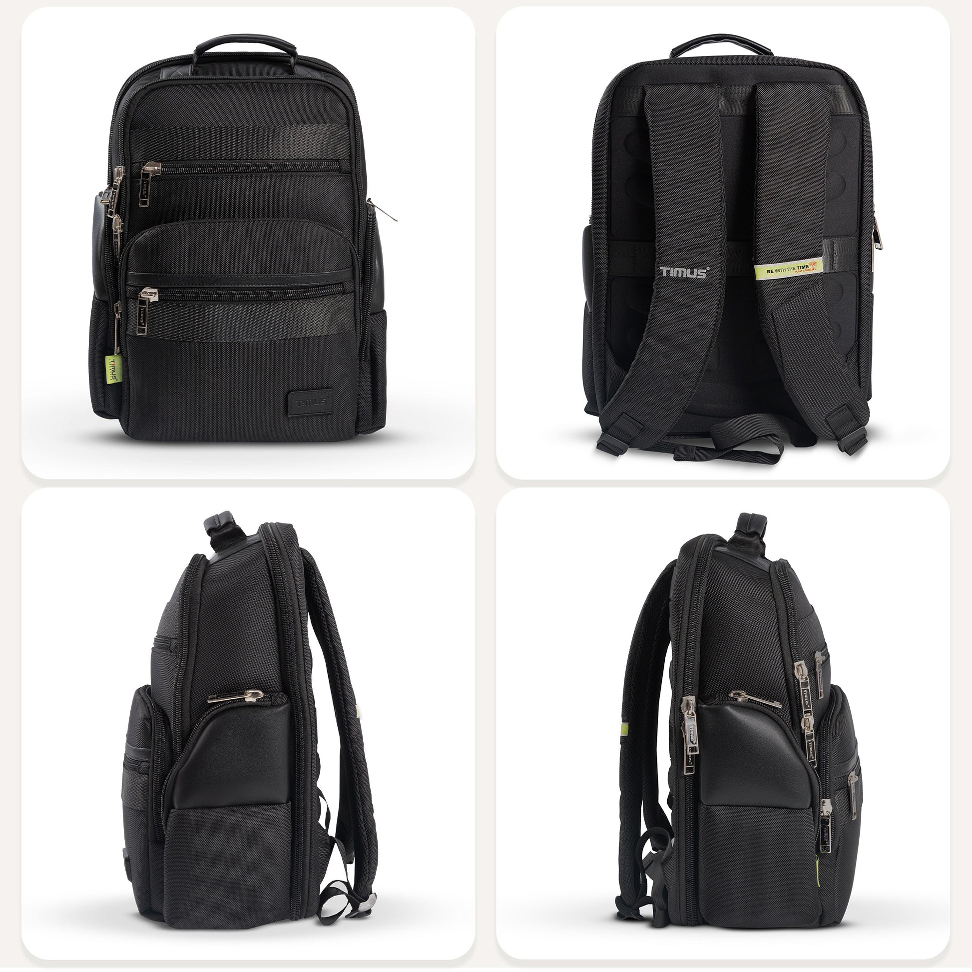 Front view Timus Boston Laptop Backpack, Back view with trolley sleeve, Left side view with side pocket, Right side view with side pocket, Top view with leather handle, Bottom view sturdy base