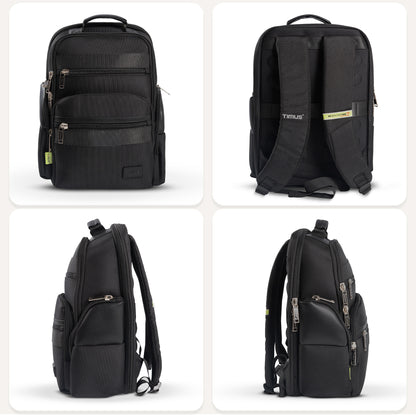 Front view Timus Boston Laptop Backpack, Back view with trolley sleeve, Left side view with side pocket, Right side view with side pocket, Top view with leather handle, Bottom view sturdy base