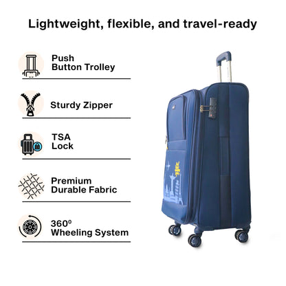 Lightweight and flexible image of Timus Salsa Plus navy blue soft luggage showcasing portable, travel-ready, and flexible structure.