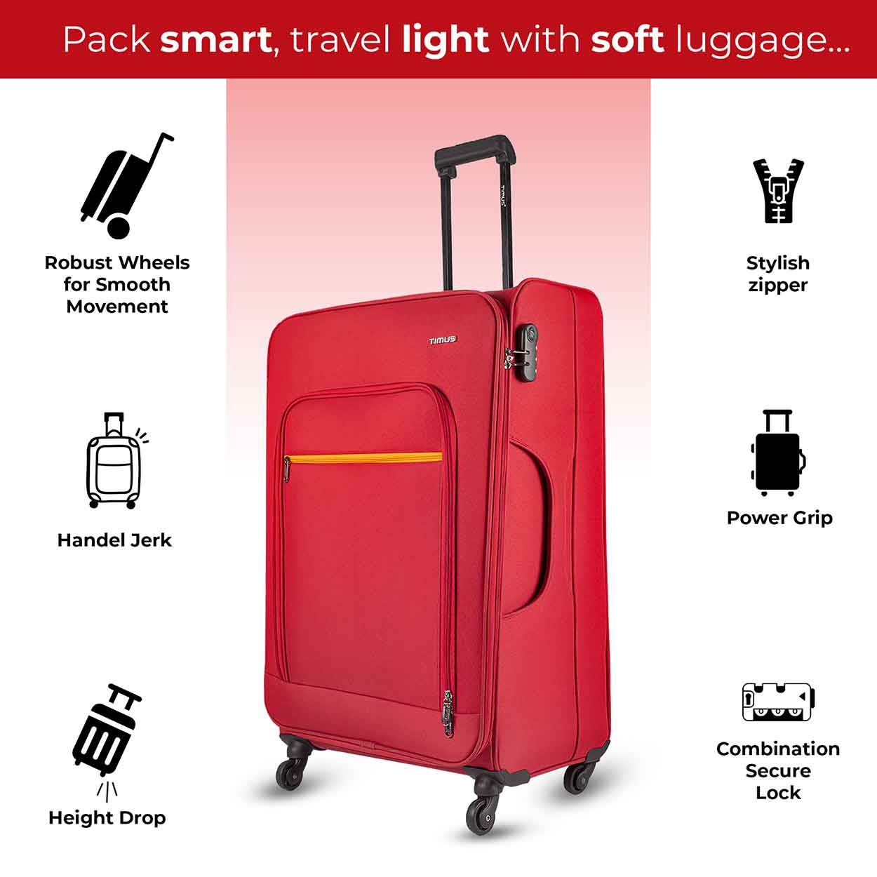 Front view of red nexon soft luggage with extended trolley handle, and icons showing wheels, grip, zipper, and secure lock features.