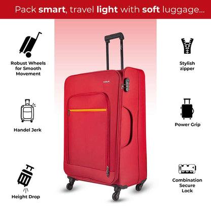 Front view of red nexon soft luggage with extended trolley handle, and icons showing wheels, grip, zipper, and secure lock features.
