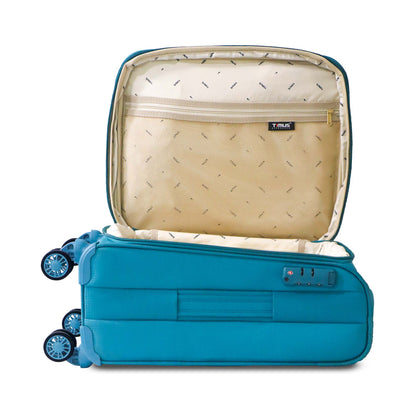Open flat view of blue Salsa Plus soft luggage showing spacious single compartment with inner straps for organized packing.

