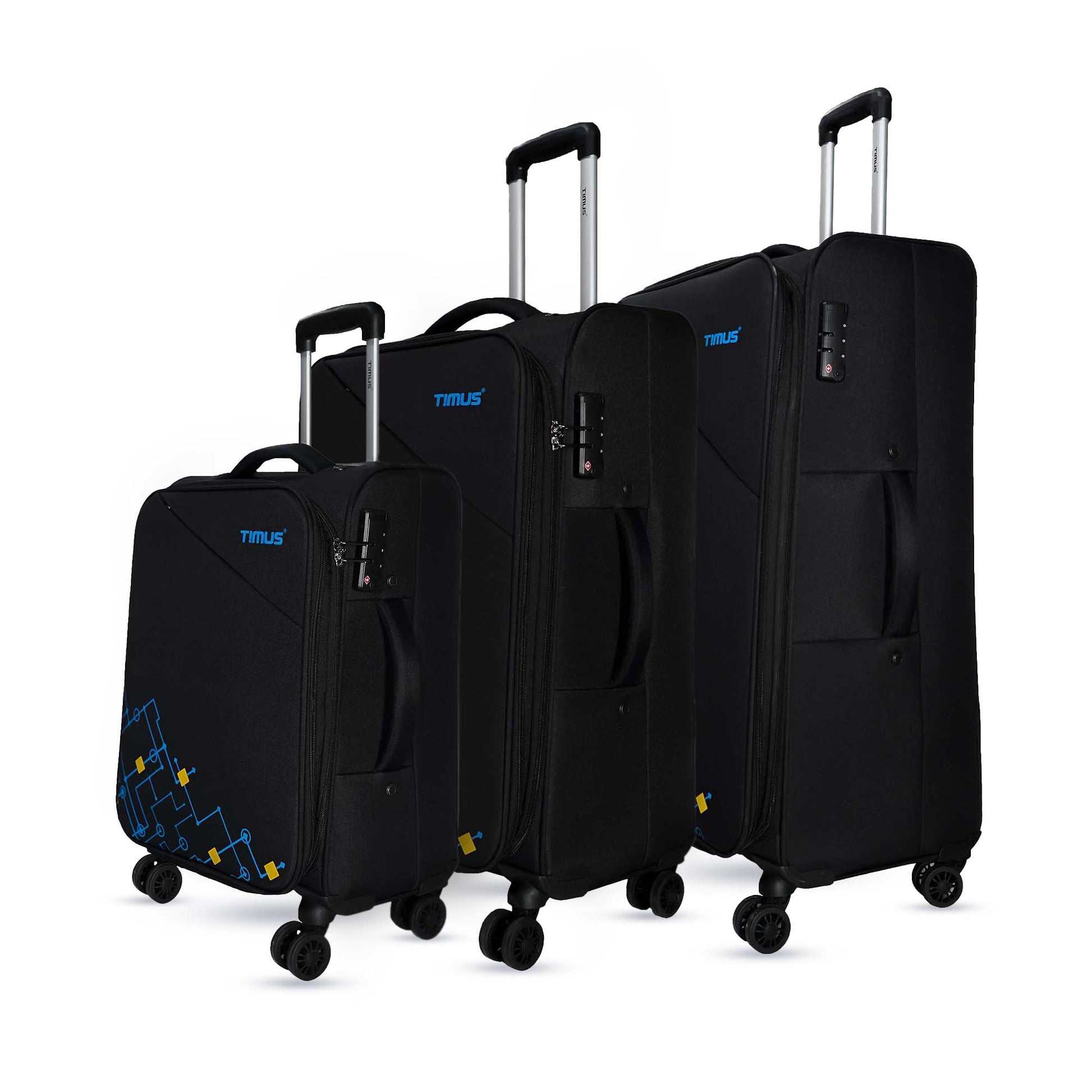 A set of three expandable soft luggage bags in black color with spinner wheels and trolley handles.