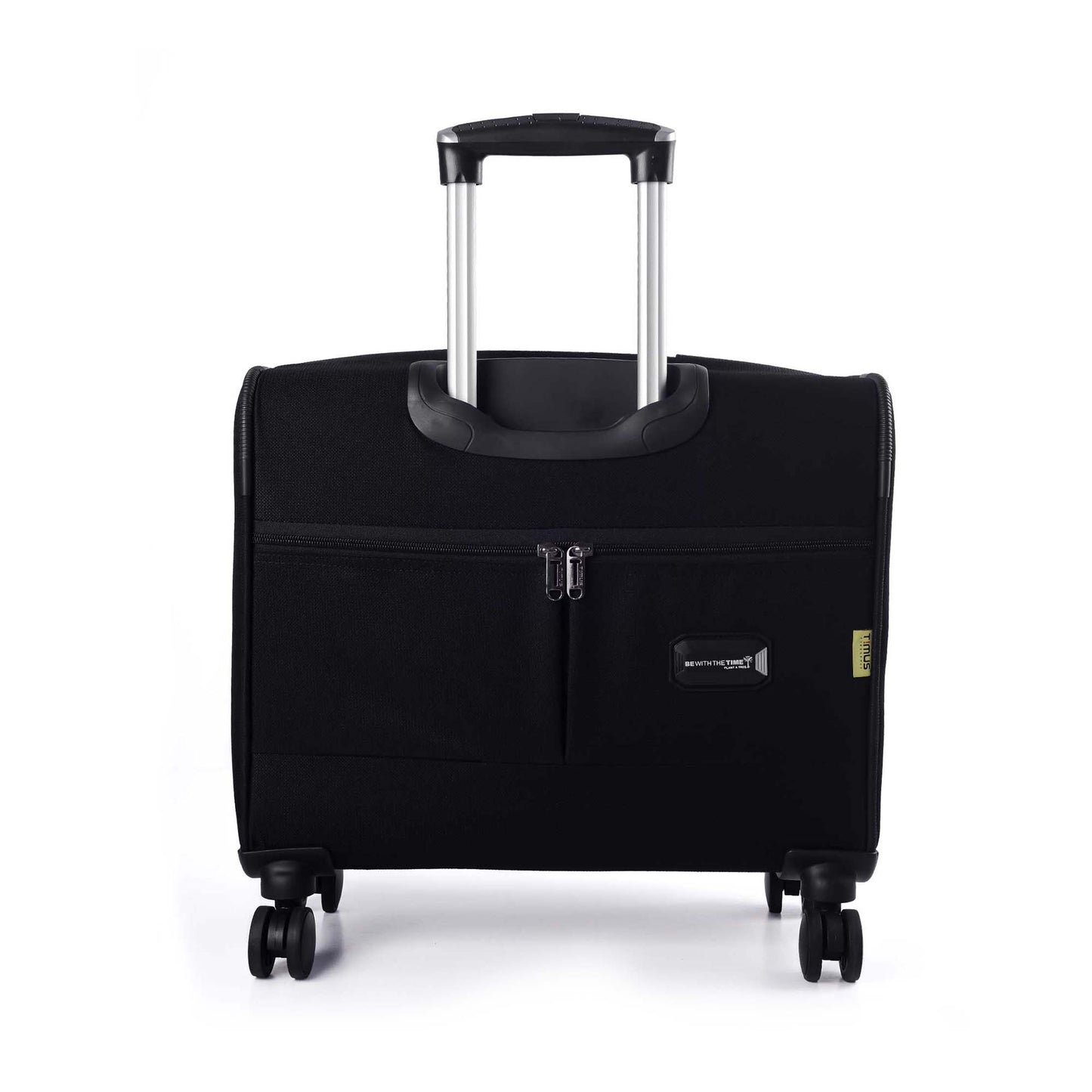 Back view of Timus Atlanta Pro Overnighter black business travel bag featuring rear zipper compartments, telescopic handle, and dual 360-degree spinner wheels on white background.