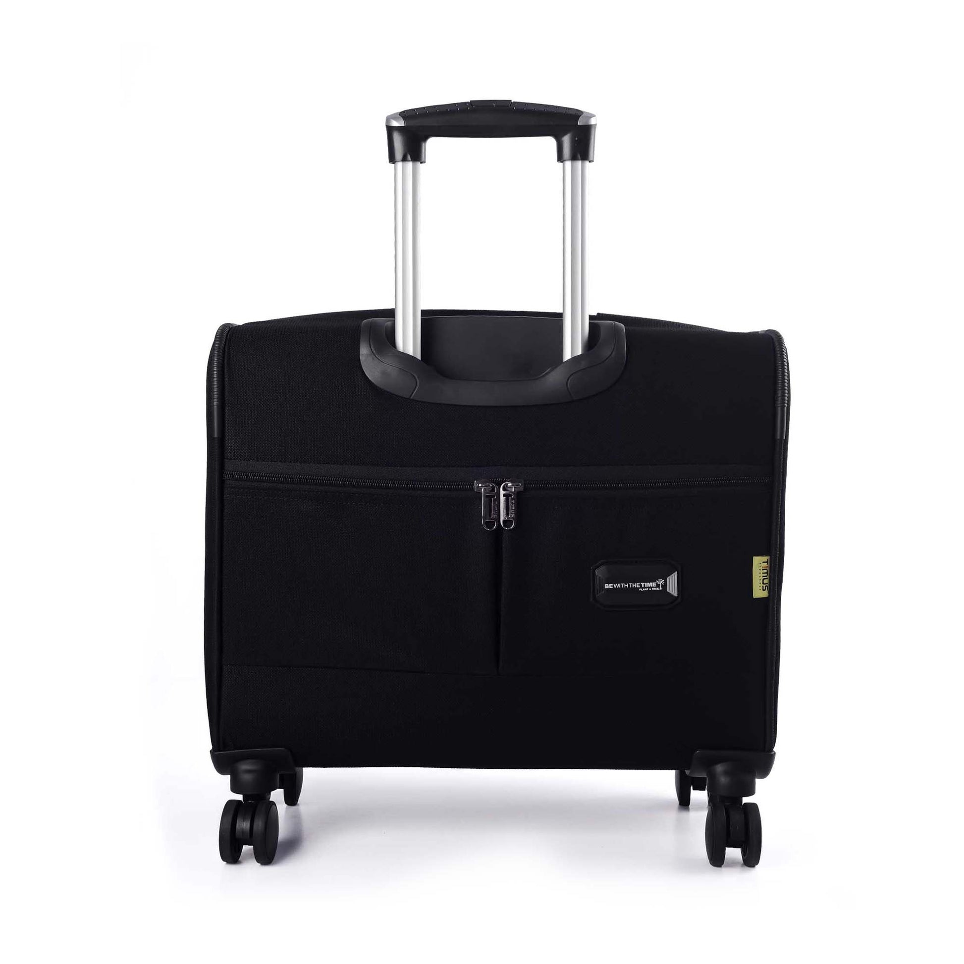 Back view of Timus Atlanta Pro Overnighter black business travel bag featuring rear zipper compartments, telescopic handle, and dual 360-degree spinner wheels on white background.
