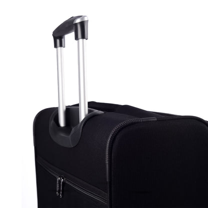 Close-up view of telescopic handle on Timus Atlanta Pro Overnighter black business travel bag, highlighting ergonomic grip and smooth metal extension rods on white background.