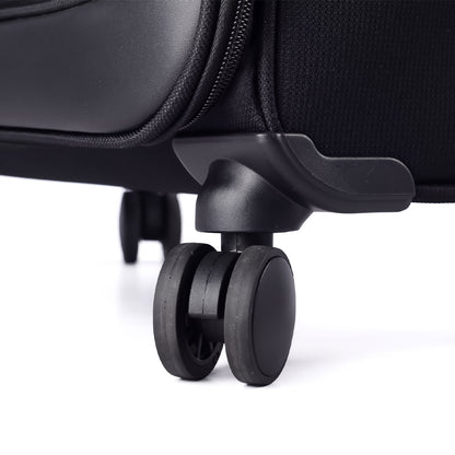 Close-up view of dual 360-degree spinner wheels on the Timus Atlanta Pro Overnighter black business travel bag, highlighting durable construction and smooth mobility.