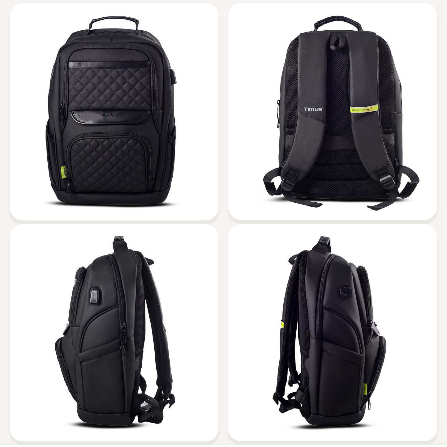 All-side view of Timus Berlin black laptop backpack showcasing its durable build, side compartments, and smooth zipper layout.