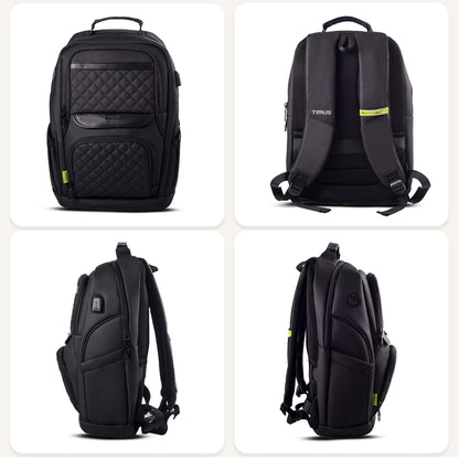 All-side view of Timus Berlin black laptop backpack showcasing its durable build, side compartments, and smooth zipper layout.