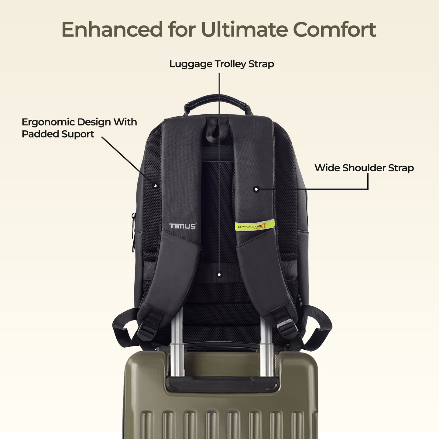 Back view of Timus Berlin black laptop backpack featuring ergonomic shoulder straps and cushioned back padding for support.