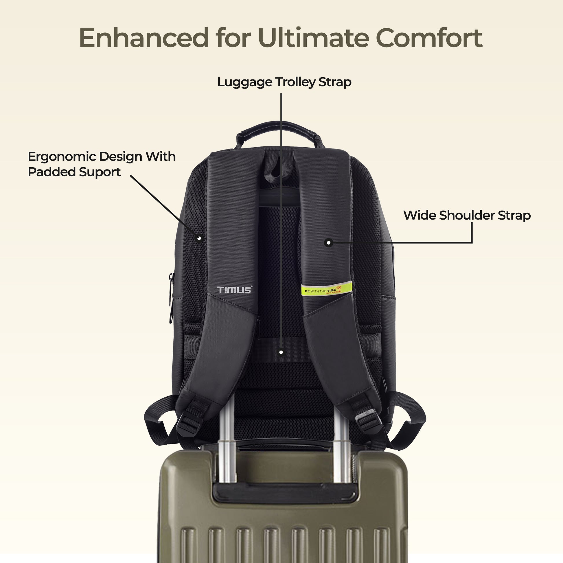 Back view of Timus Berlin black laptop backpack featuring ergonomic shoulder straps and cushioned back padding for support.