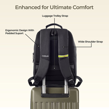 Back view of Timus Berlin black laptop backpack featuring ergonomic shoulder straps and cushioned back padding for support.