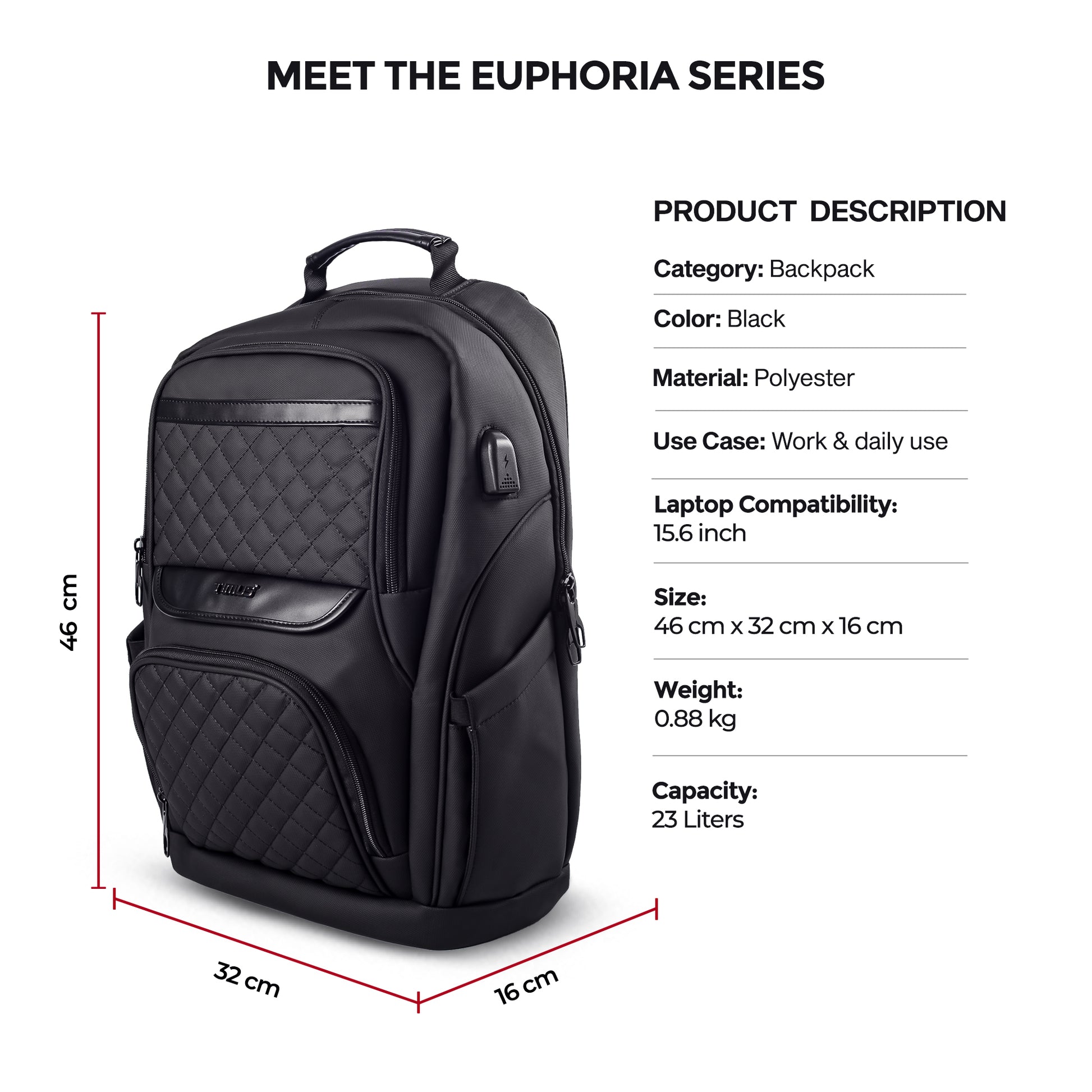 Dimension view of Timus Berlin black laptop backpack displaying detailed measurements for height, width, and depth.