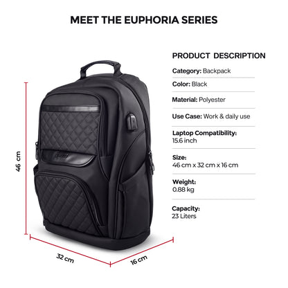 Dimension view of Timus Berlin black laptop backpack displaying detailed measurements for height, width, and depth.