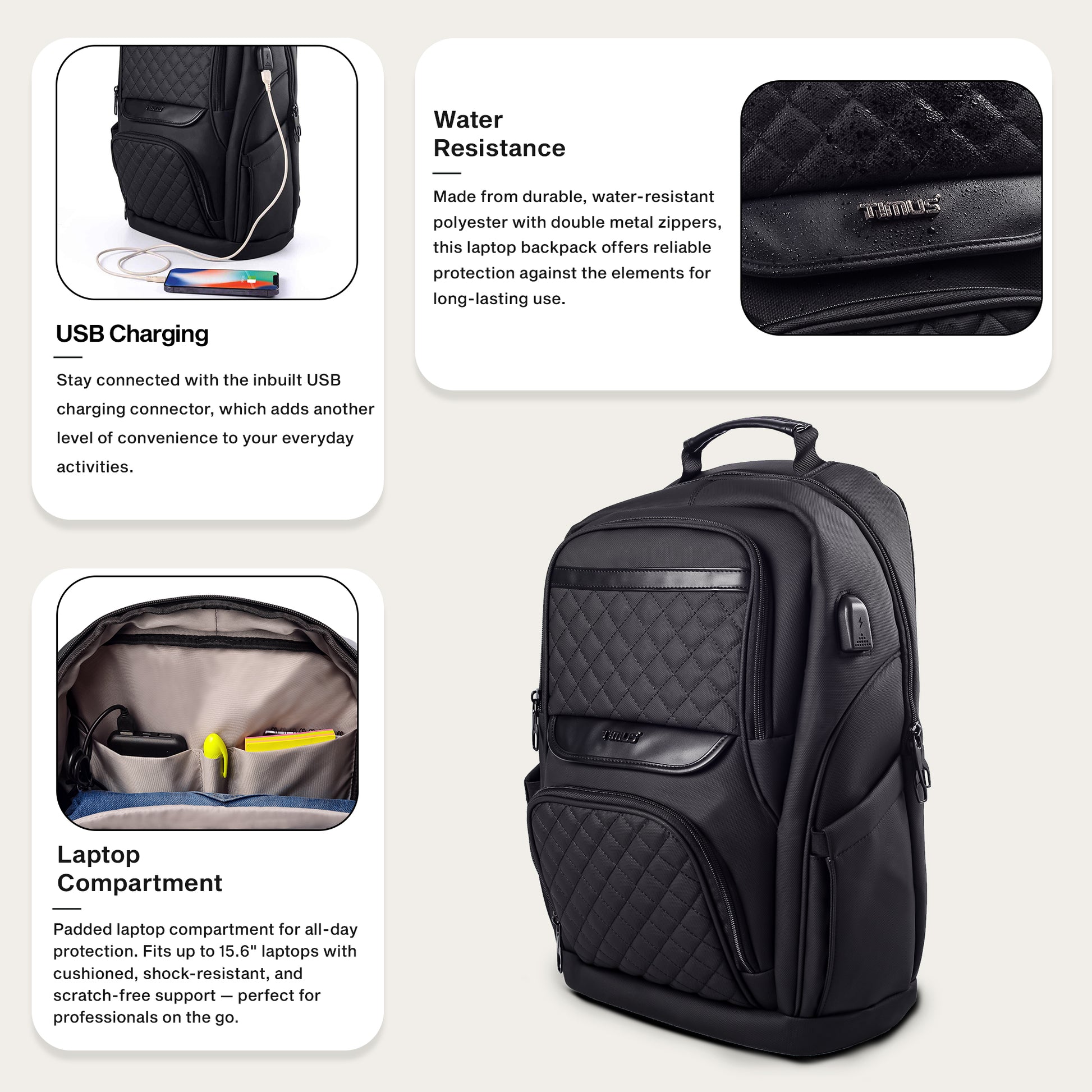 Graphic showing key features of Timus Berlin black laptop backpack such as USB charging port, water resistance, and comfort straps.