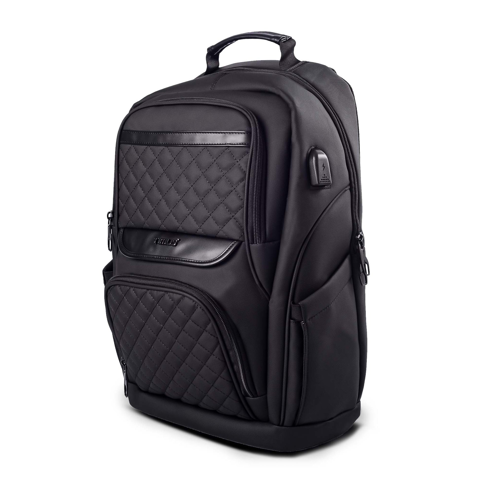 Front view of Timus Berlin black laptop backpack showing its quilted front panel, premium finish, and sleek modern design.