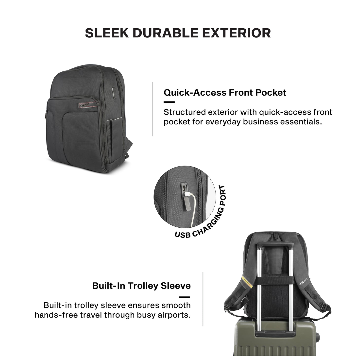 Timus Edge water resistant office laptop bag features – luggage sleeve and breathable back panel