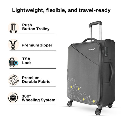 Gray suitcase with features listed on a white background