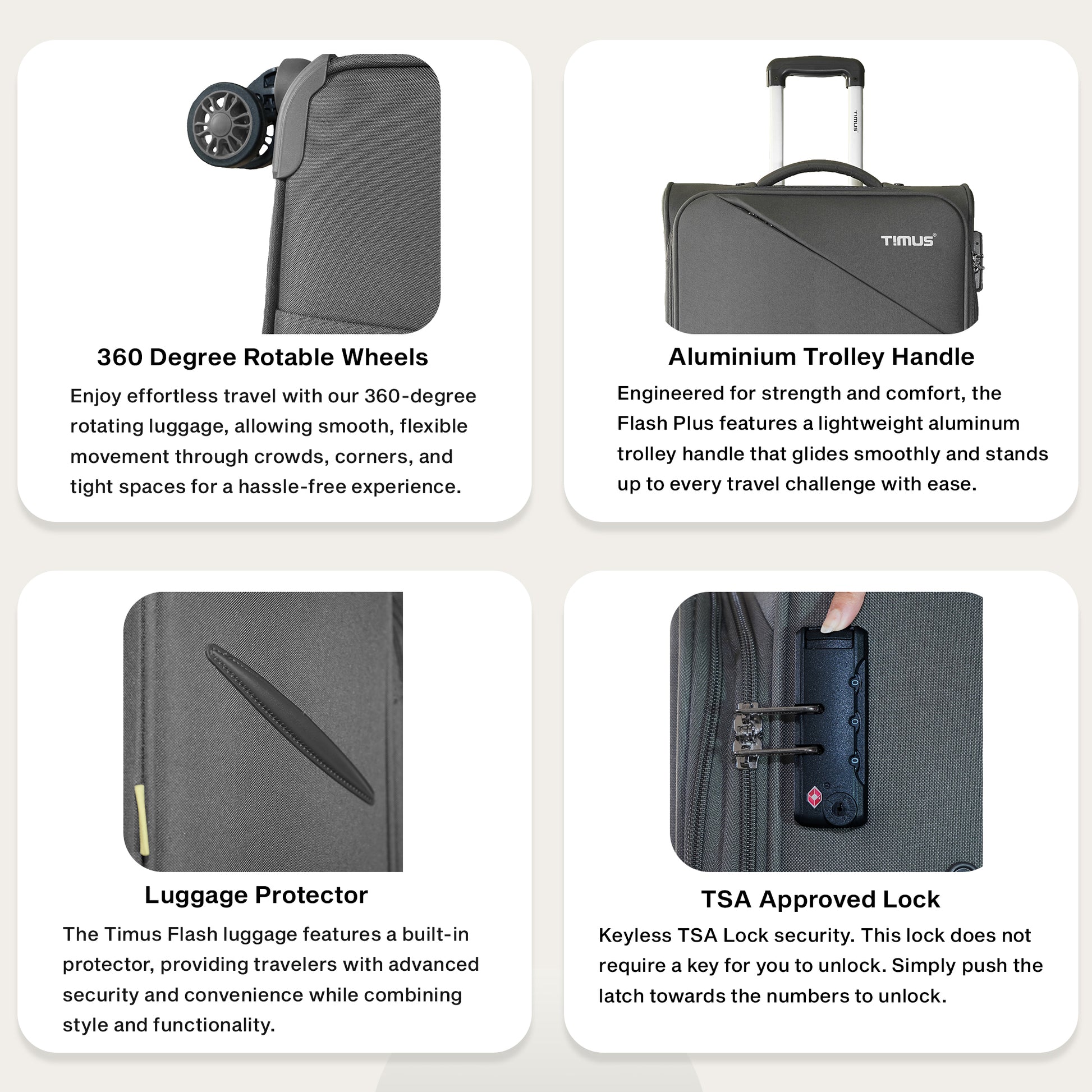 Four features of a Timus luggage set on a white background