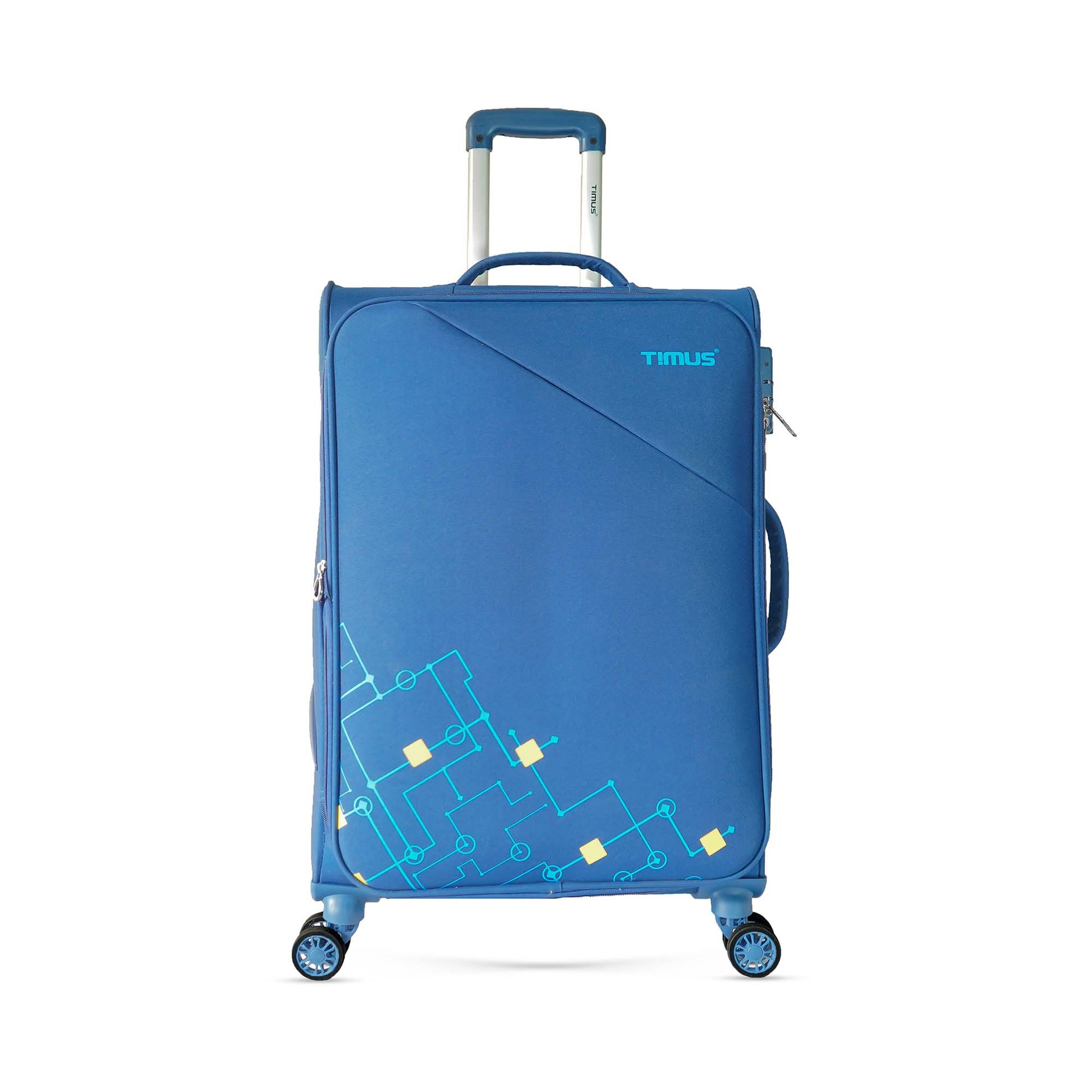 Front angled view of Timus Flash  68 cm Plus blue soft trolley luggage showing sleek fabric finish, sturdy push-button handle, and smooth spinner wheels.
