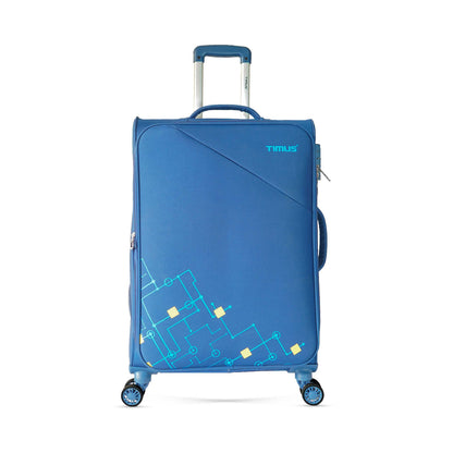 Front angled view of Timus Flash  68 cm Plus blue soft trolley luggage showing sleek fabric finish, sturdy push-button handle, and smooth spinner wheels.