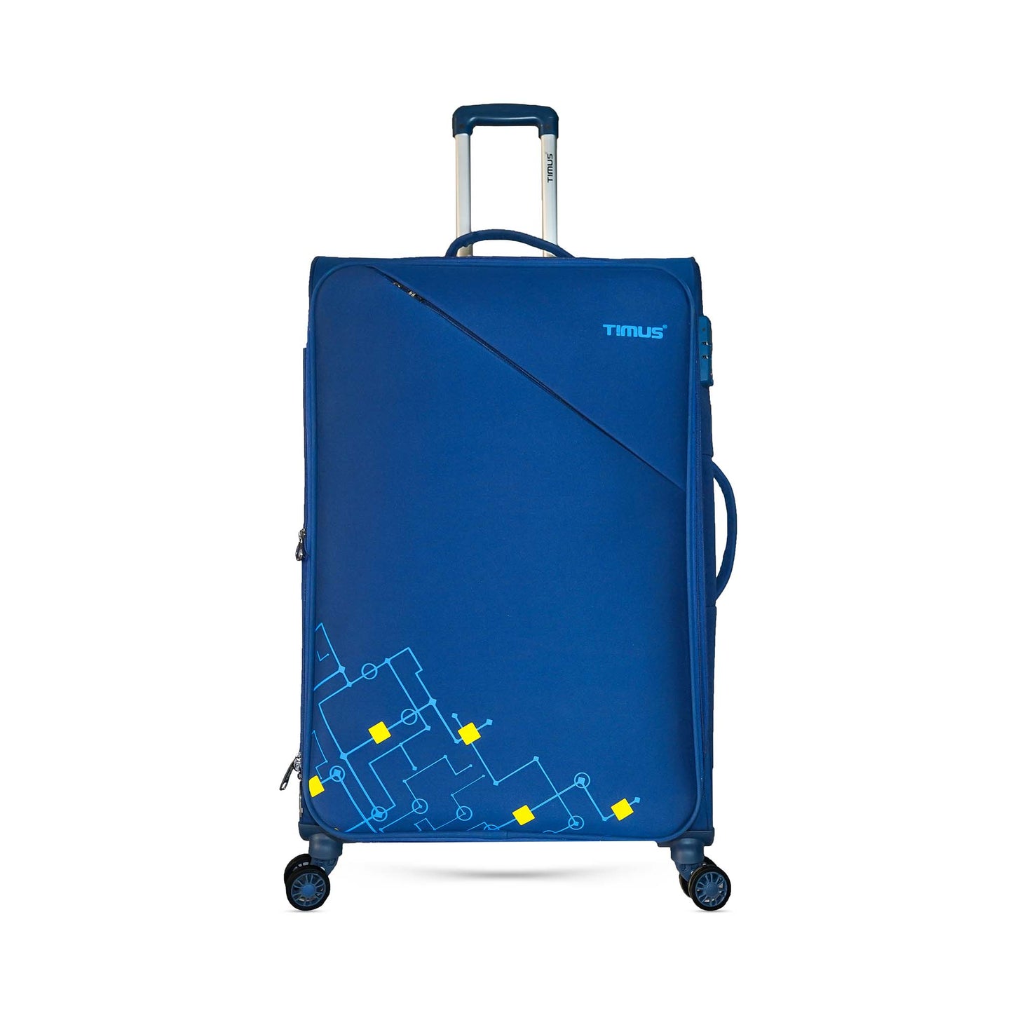 Front angled view of Timus Flash  78 cm Plus blue soft trolley luggage showing sleek fabric finish, sturdy push-button handle, and smooth spinner wheels.