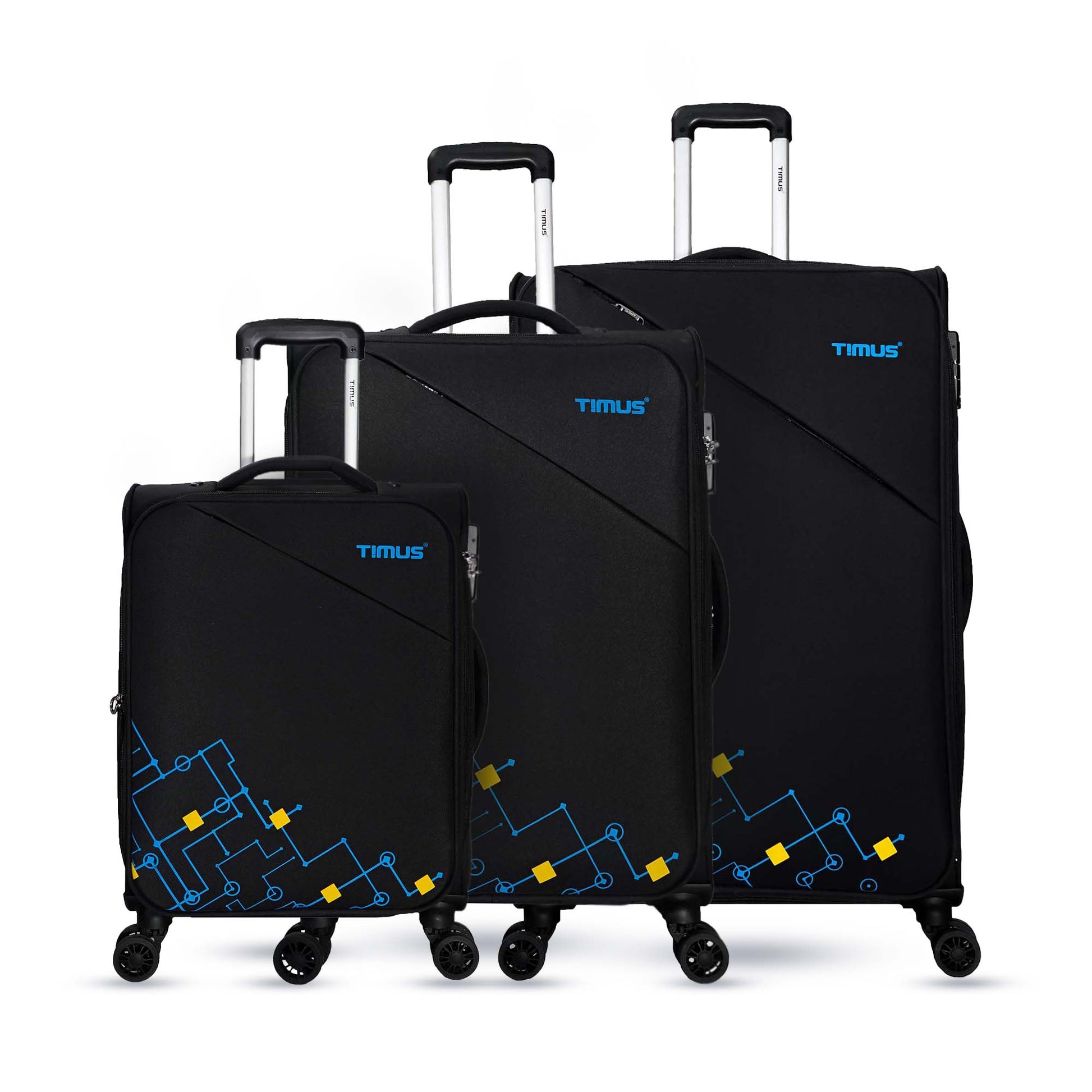 Front angled view of Timus Flash Plus black 3-piece luggage set (58cm, 68cm, 78cm) with sleek matte texture, telescopic handles, and 360° spinner wheels for family or long-distance travel.