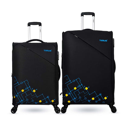 Front angled view of Timus Flash Plus black 68cm and 78cm soft trolley luggage combo featuring premium zippers, sturdy frame, and flexible travel-ready design.