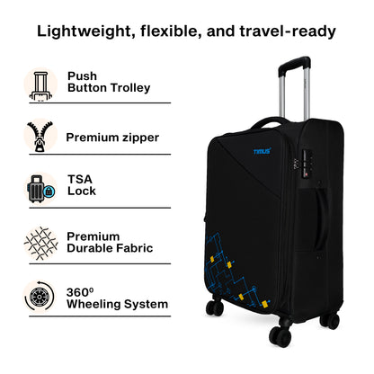 Timus Flash Plus black soft trolley luggage beside feature icons for TSA lock, zipper, and 360° wheels under “Lightweight, flexible, and travel-ready.