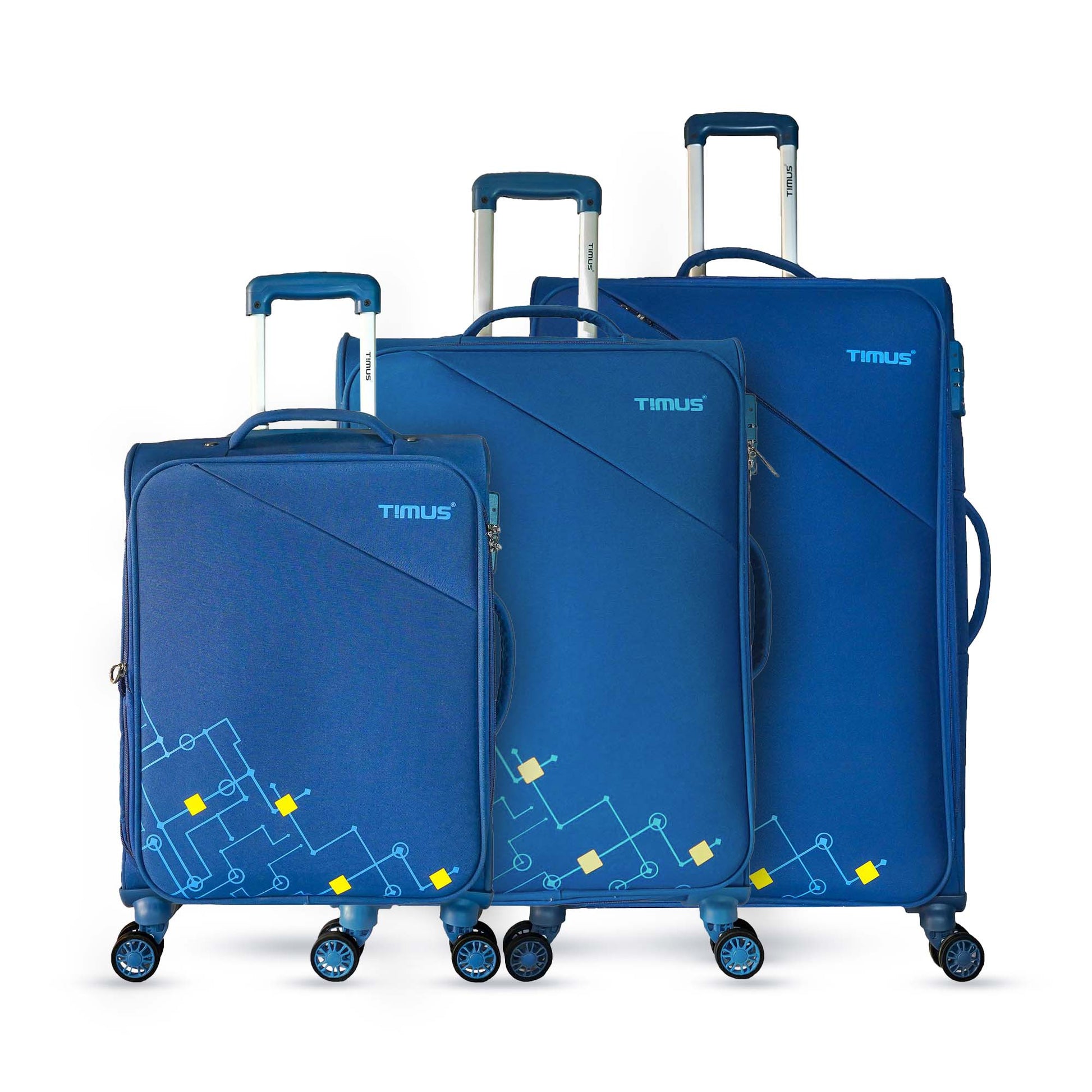 Front angled view of Timus Flash Plus blue 3-piece luggage set (58cm, 68cm, 78cm) with telescopic handles, smooth wheels, and sleek dual-tone finish for complete travel flexibility.