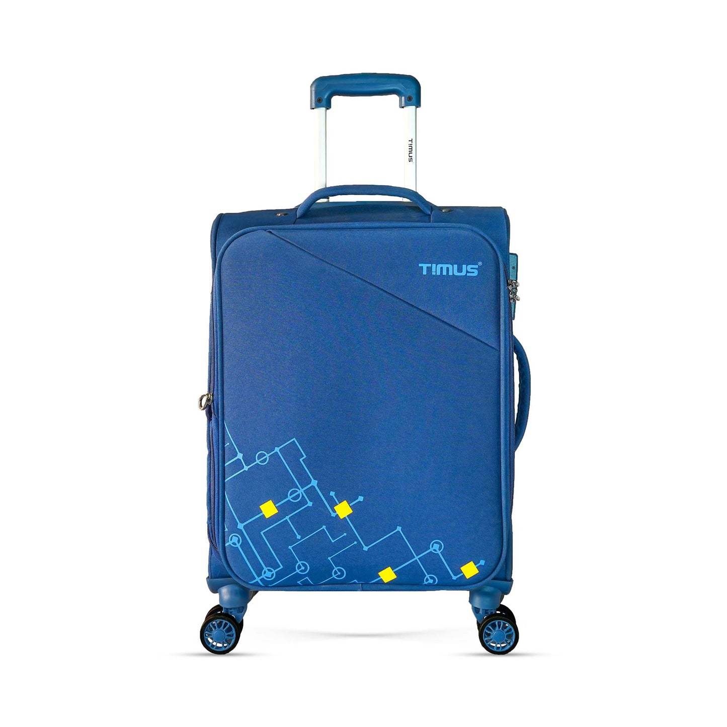 Front angled view of Timus Flash Plus blue soft trolley luggage showing sleek fabric finish, sturdy push-button handle, and smooth spinner wheels.