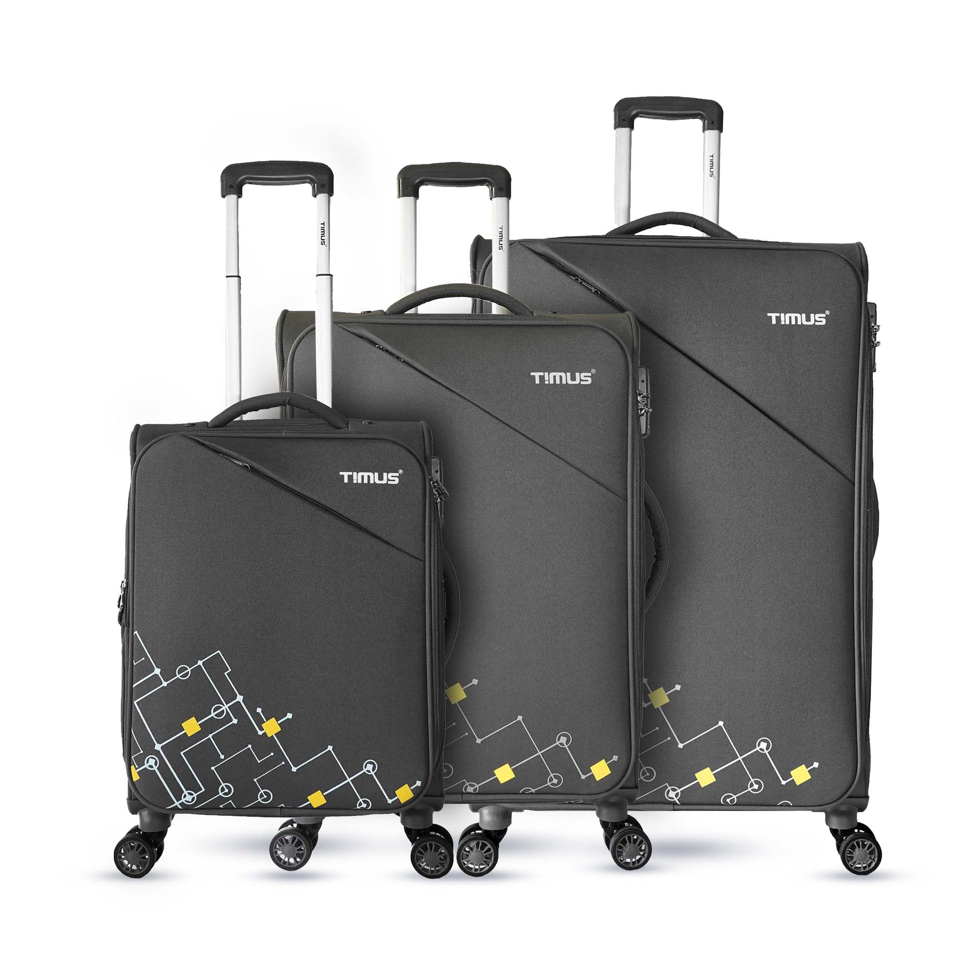 Front angled view of Timus Flash Plus grey 3-piece luggage set (58cm, 68cm, 78cm) featuring telescopic handles, smooth spinner wheels, and modern minimalist design—perfect for complete family or long-term travel.